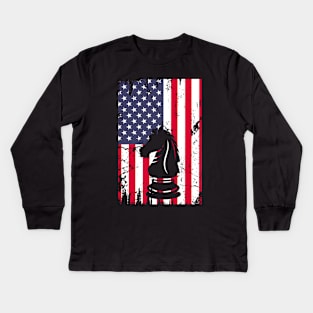 Chess Player Horse Piece American Flag Lovers Kids Long Sleeve T-Shirt